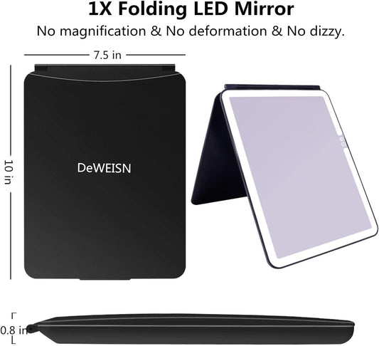 deweisn Folding Lighted Makeup Mirror with 72 LEDs 3 Colors Light Modes USB Rechargable 1800mA Batteries Portable Ultra Thin Compact Vanity Mirror Dimmable Travel Mirror