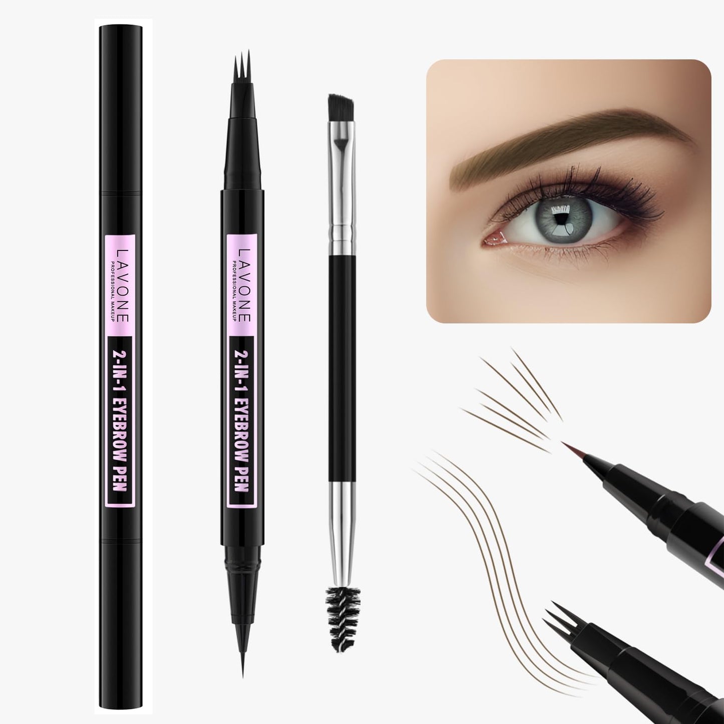 LAVONE Eyebrow Pencil, 2-In-1 Waterproof Eyebrow Pen, with 3 Tip Microblading Eyebrow Pen and Ultra-Precise Brow Pencil, Dual-ended Eyebrow Brush, for Eyebrow Makeup - Ash Brown