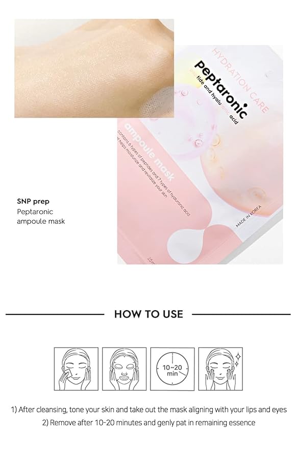 [K Beauty Snp] Peptaronic Ampoule Sheet Mask | Peptide and Hyaluronic Acid Sheet Mask | Hydrating, Moisturizing, and Friming for Dry Skin Types | Korean Skin Care Facial Mask | 10 Sheets