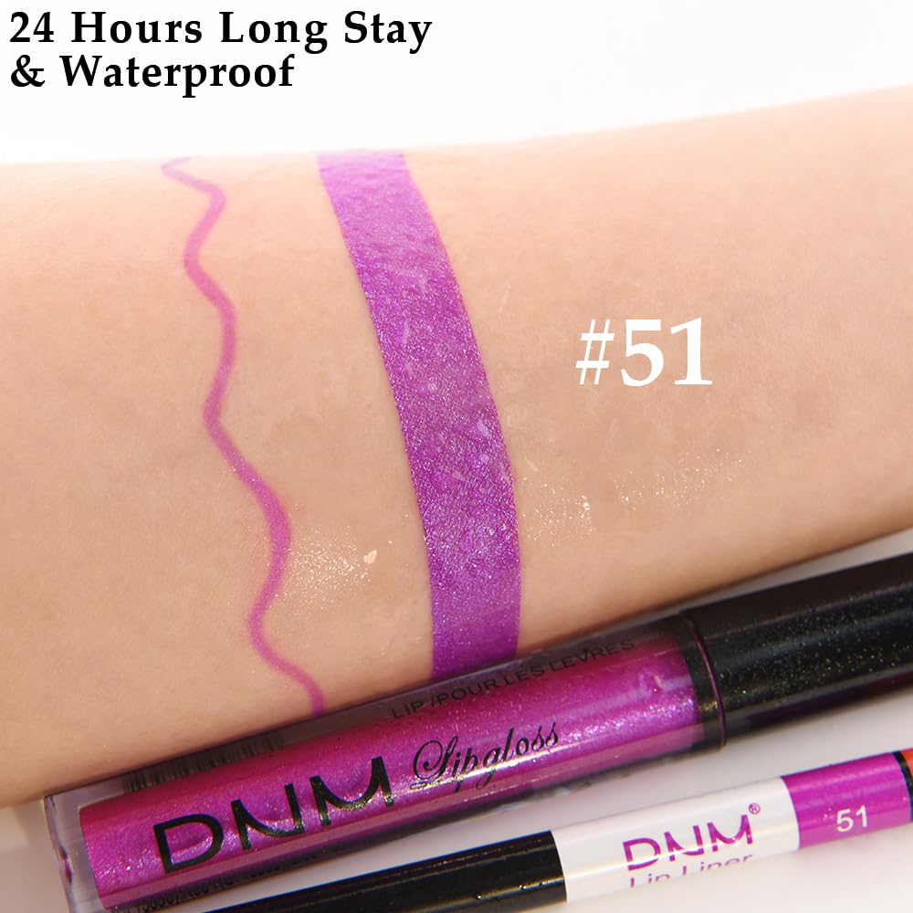evpct 2Pcs Purple Shimmer Glitter Shiny Liquid Lipstick Lip Gloss Stain and Retractable Lip Liner Makeup Set for Women Long Lasting Waterproof 24 Hours Lipstick labial mate larga duracion 24 51#