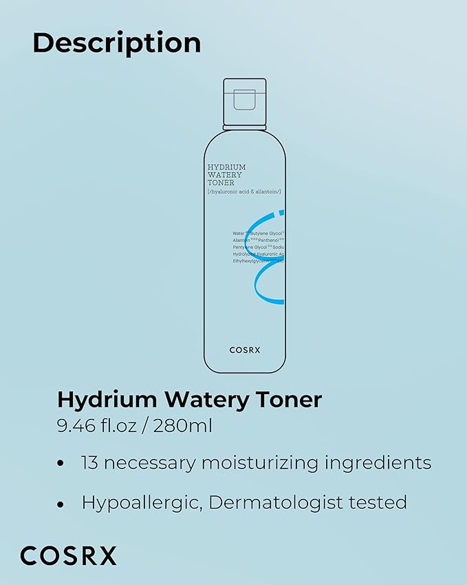 COSRX Hydrium Watery Toner, 150ml / 5.07 fl.oz | Hyaluronic Acid Moisturizing Korean Toner | Hyaluronic Acid, Allantoin, Panthenol | Korean Skin Care, Not Tested on Animals, Paraben Free