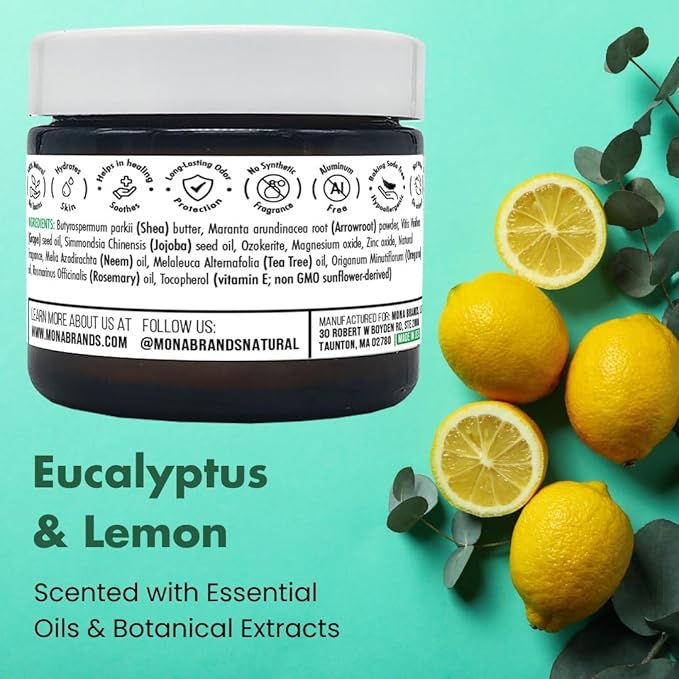 MONA Natural Foot Balm for Dry Cracked Feet & Heels | Moisturizing Foot Cream for Athletes | Callous Repair & Foot Odor Treatment (Eucalyptus & Lemon, 2.0 Oz (Pack of 1))