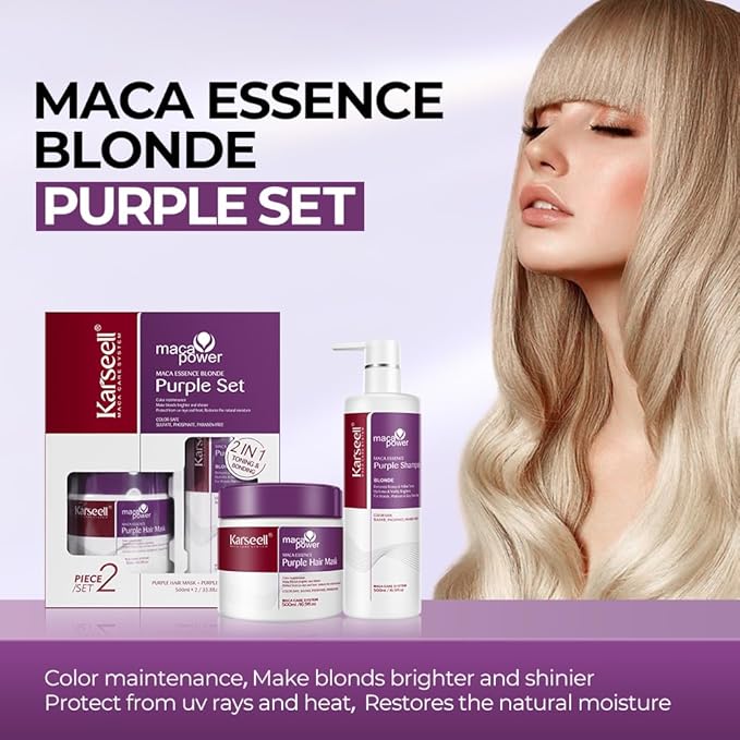 Karseell maca power Purple Hair Mask and Purple Shampoo Set, Neutralizes Brass & Yellow Tones for Blonde, Gray, Silver Color Treated Hair, 2 x 16.9floz