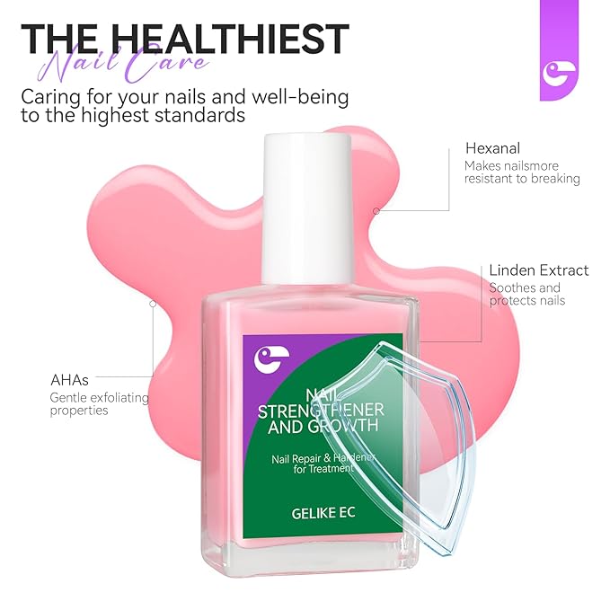 Gelike EC Nail Growth Treatment: Milky Pink 15ml Natural Nail Strengthener for Weak and Damaged Nails - Protein Nail Hardener for Home Salon Outdoor