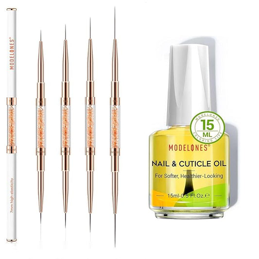 modelones Thin Liner Nail art Brushes with Cuticle Oil, 15ml Nail & Cuticle Care Strengthener Oil Vitamin E + B Cuticle Revitalizing Oil for Nail Growth and Gel Nail Polish