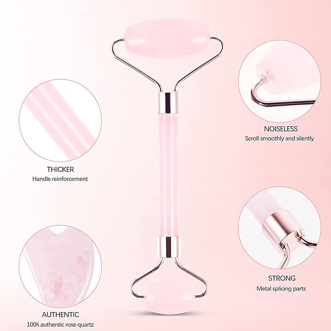 Jade Roller and Gua Sha Set - Natural Rose Quartz Face Roller- Face Massager Kit, Facial Jade Stone Roller for Skin Care, Eyes, Neck