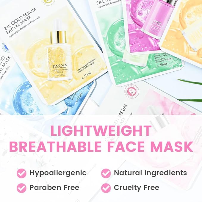 Face Sheet Mask Skincare,Hydrating Spa Face Mask For Sensitive Skin,Moisturize,Nourish for All Skin Types,Natural Skin Care Spa Face Mask for Women Men Girls,Pack of 6