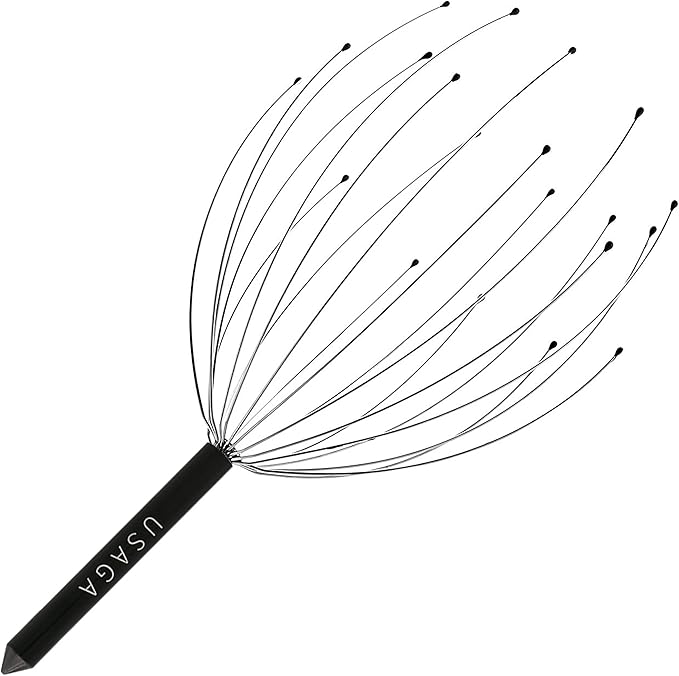 USAGA Head Massager Scalp Massager 20 Fingers Head Scratcher for Scalp Body Relaxing (Black & Black)