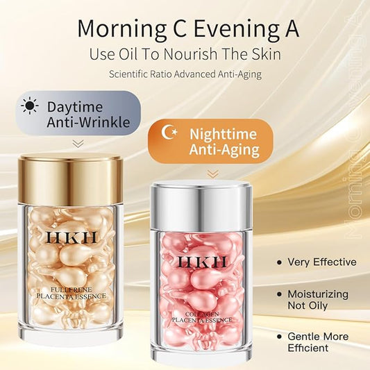 Retinol Collagen Anti-Aging Wrinkle Placenta 48 Capsules Serum,Vitamin C Anti-Wrinkle Aging Placenta Serum 48 Capsules,VC For Morning+VA For Evening