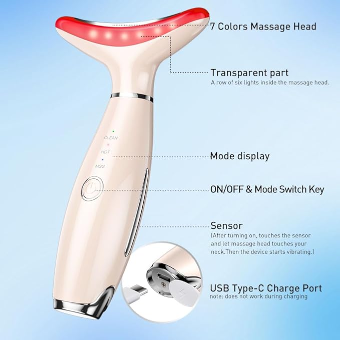 7 Color Facial Massager, 3 Modes Face Sculpting Tool, Vibrating Neck Face Massager with Thermals (Nude)
