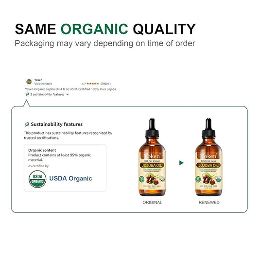 Jojoba Oil 4 fl oz EWG Verified Organic 100% Pure Jojoba Oil Cold Pressed for Skin, Hair, Nails, Cuticles - Unrefined & Hexane Free, Natural Moisturizer Carrier oils Facial Serum for Gua Sha
