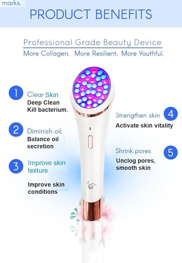 Lyte Wireless Dual Red & Blue LED Light Therapy for Face Includes Hyaluronic Serum Automatic Contact Sensor 2-in-1 Blue and Red LED Light Therapy for Face Wrinkle Reduction Device