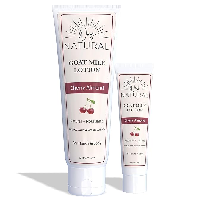 Goat Milk Lotion, Cherry Almond - Home & Away Set, Natural, Body/Hand - Goat Milk Hand Cream for Women and Men - Dry Skin Relief - Cherry Almond Lotion - 8oz & 2oz Travel Size Tube