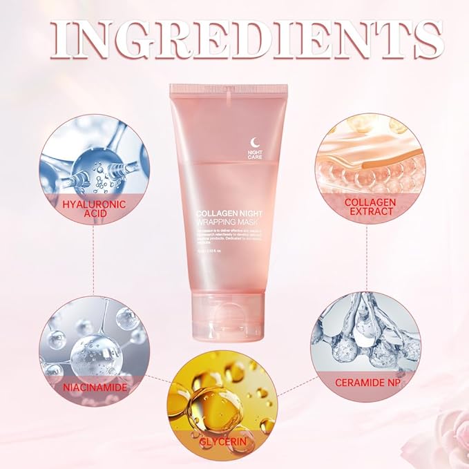 Collagen Overnight Wrapping Peel Off Facial Mask Pack,Collagen Night Wrapping Mask,Hydrates and Tightens Skin,Reduces Sagging,Elasticity & Hydration Care 2.54 fl.oz (with Brush)