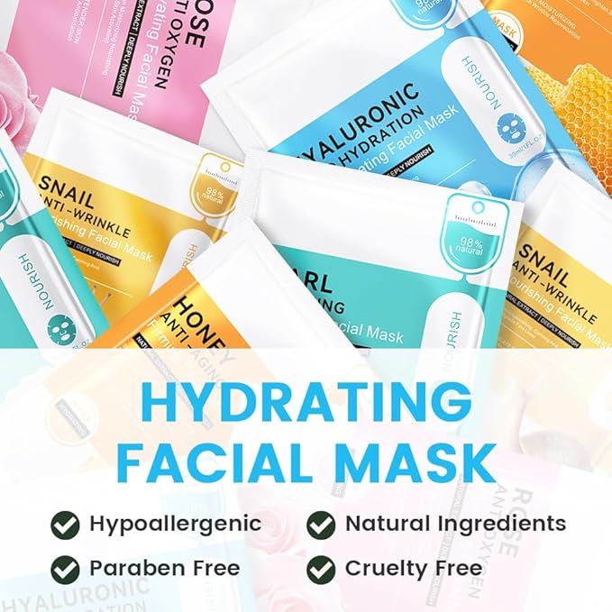 Hyaluronic Acid Face Masks Skincare,Facial Mask Care Korean,Nourish,Deep Moisturizing,Atural Skin Care Spa Face Mask,Hydrating Smoothing Face Masks for Women Men,for All Skin Types 6 Pack