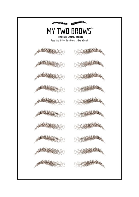 (10 pairs) Dark Brown Temporary Eyebrow Tattoo - Extra Small Size - Waterproof & Smudgeproof - Assertive Arch Style Eyebrow Stickers - Sheet Lasts up to 30 Days - Won't Work on Existing Brows