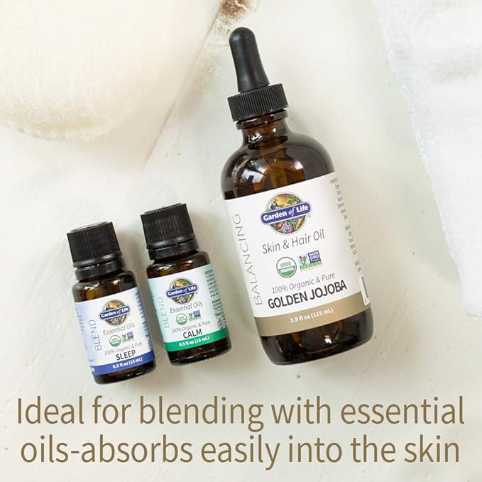 Garden of Life Jojoba Oil 100% Organic & Pure Golden Jojoba Oil for Hair, Skin and Face - Cold Pressed Jojoba Body Oil, Massage, or Use as a Carrier Oil for Making Lip Balms & Body Butters, 4 fl oz