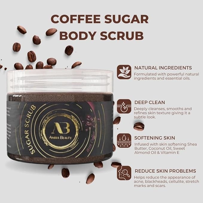AB Amira Beauty Sugar Body Scrub - Moisturizing, Exfoliating Deep Skin Cleanser. Reduces Acne, Cellulite, Stretch Marks, Dead Skin, Scars, and Wrinkles 14oz (Coffee)