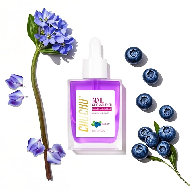 CHUCHU Nail Strengthener - Blueberry Scent Nail Repair Growth Moisturizing Treatment - Natural Jojoba Vitamin B & E Cuticle Oil for Dry Cracked Nails