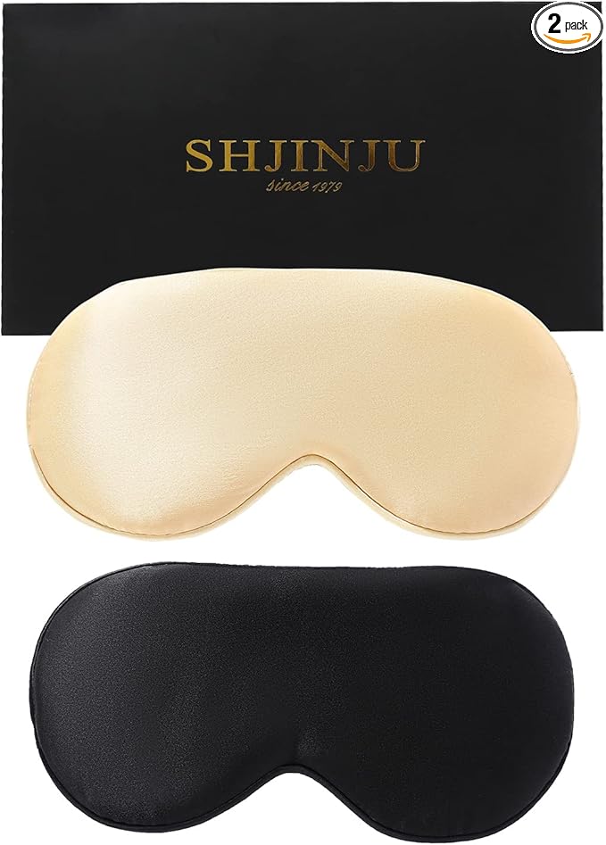 2-Pack 100% Real Natural Silk Eye Mask, Silk Sleeping Mask, Shade Puffy Eye Gift with Adjustable Straps, Sleep Eye Mask, SHJINJU Eye Mask Shade (Black and Champagne)