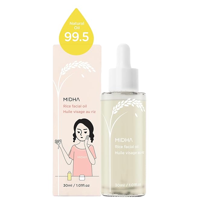 MIDHA Rice Facial Oil 30ml for skin moisturizing, deep, intense and immediate hydration and quick absorption with non greasy light oil like as rice bran oil