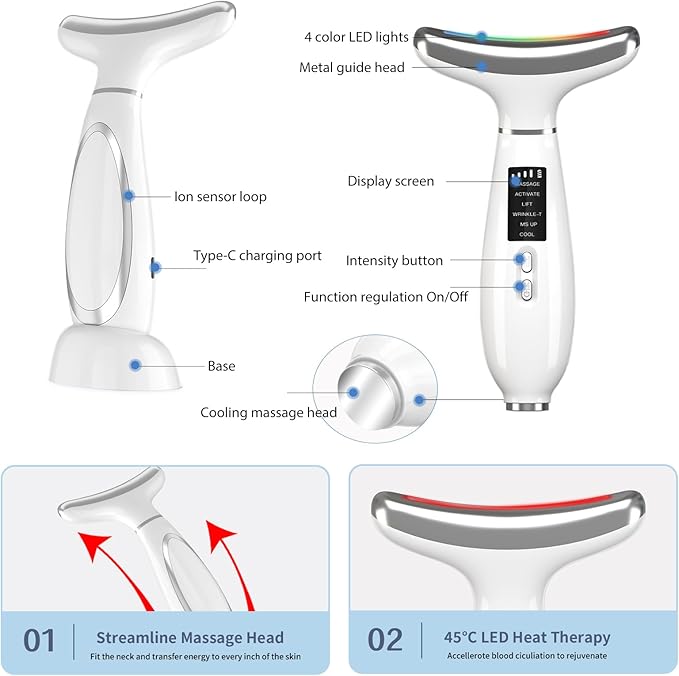 MASIKE Neck Face Beauty Device, Multifunctional Portable Facial Massager, 4 Color Led Face Neck Massager for Skin Care