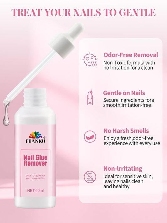EBANKU 60ML Nail Glue Remover, Press On Nail Remover Quick Easy Removal, False Nails Adhesive Debonder with Cuticle Pusher, Non-Acetone Gentle Off for False Tips