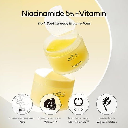 HANYUL Yuja (Yuzu) Vita Tone Up Apple Zone Toner Pads | 2 in 1 Daily Skin Brightening with Vitamin C, Patch for Under Eye, Dark Spot Correction, Vegan Certified, Korean Skincare, 60 Sheets