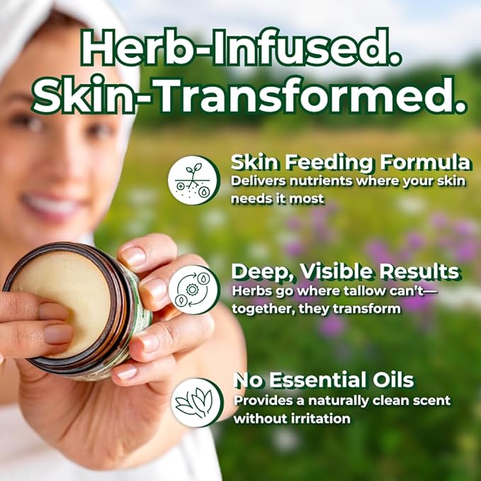 Grass Fed Beef Tallow for Skin – Organic Whipped Tallow Balm For Face and Body with Jojoba Oil and Cocoa Butter – Unscented and Herb-Infused – 4 oz, 2.5fl oz