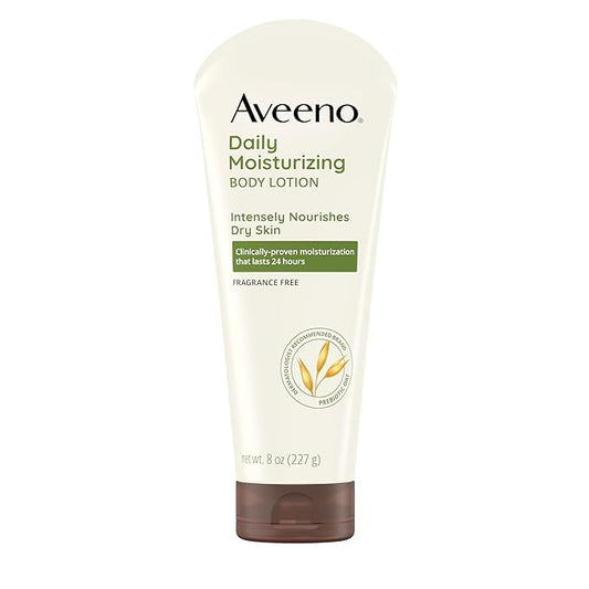 Aveeno Daily Moisturizing Body Lotion with Soothing Prebiotic Oat, Gentle Lotion Nourishes Dry Skin With Moisture, Paraben-, Dye- & Fragrance-Free, Non-Greasy & Non-Comedogenic, 8 fl. oz