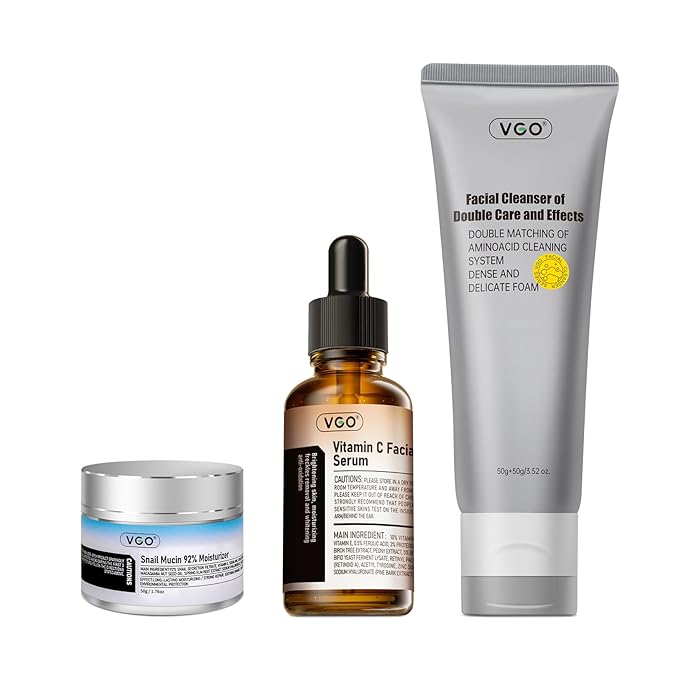 VGO Skin Care Set, with Snail Mucin 92% Moisturizer 1.76 Oz, Vitamin C Serum 1.01 Oz & Dual-Tube Facial Cleanser 3.52 Oz, 3 Step Facial Skin Care Kit
