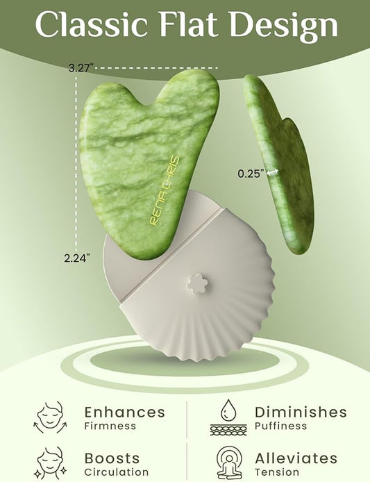 Rena Chris Gua Sha Facial Tools-Xiuyan Jade Gua Sha Stone for Face Massage, Jawline Sculpting & Puffiness Reduction with Silicone Case (Green)