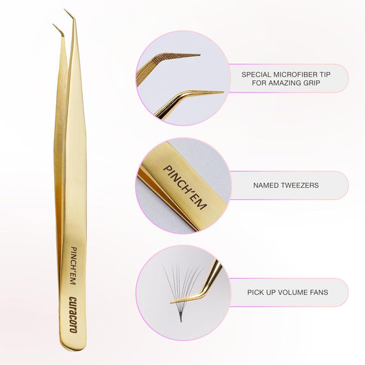 Curacoro Lash Tweezer - Professional & Precision Fiber Tip Grip Lash Tweezers for Eyelash Extensions, Multi Shapes & Purposes Tweezers for Volume, Isolation & Classic Lashes (Gold, Pinch'em)