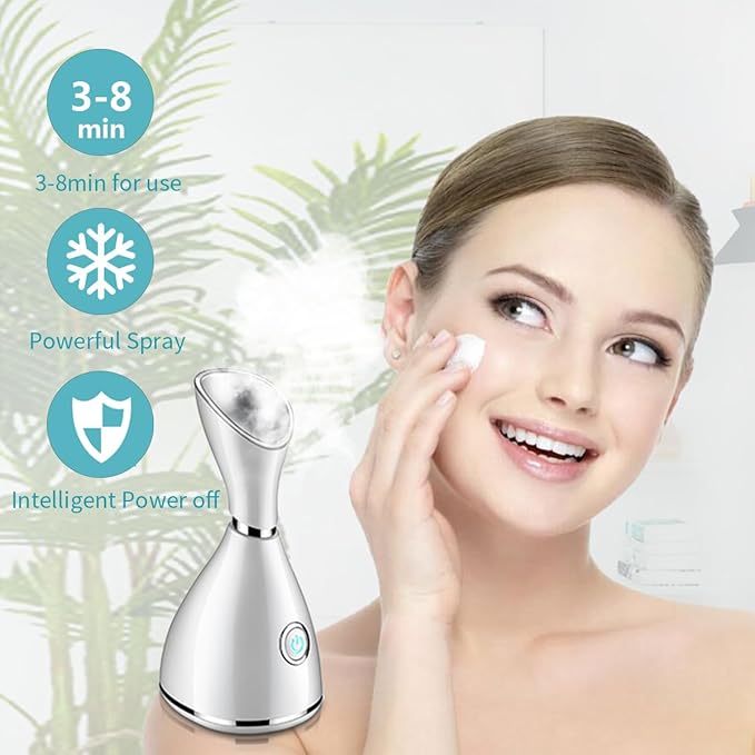 Facial Steamer-Nano Ionic Facial Steamer Warm Mist Humidifier Atomizer Sprayer Moisturizing Face Steamer Home Sauna SPA Face with 4 Piece Stainless Steel Skin Kit and Hair Band(White)