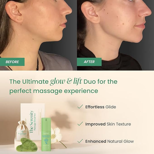 PLANTIFIQUE Massage Ritual Set: Premium Certified Jade Gua Sha + Jojoba Oil & HA Serum Skin Care Set, Birthday Gifts for Women, Teens, Mom, Brides