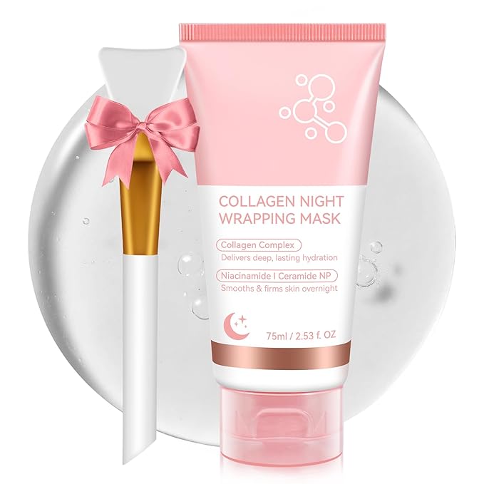 Collagen Night Wrapping Mask with Brush 2.53 fl.oz, Collagen Overnight Wrapping Peel Off Facial Mask Pack, Reduces Sagging & Dullness - Hydrolyzed Collagen For Glowing Skin, For Glass Skin
