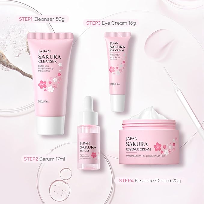 Skin Care Sets for Women/Girls JAPAN SAKURA Beauty Gift Sets Skincare Kit with Cleanser, Serum, Eye Cream, Face Cream Travel Pamper Sets for Women Gifts,Skin Care Sets & Kits