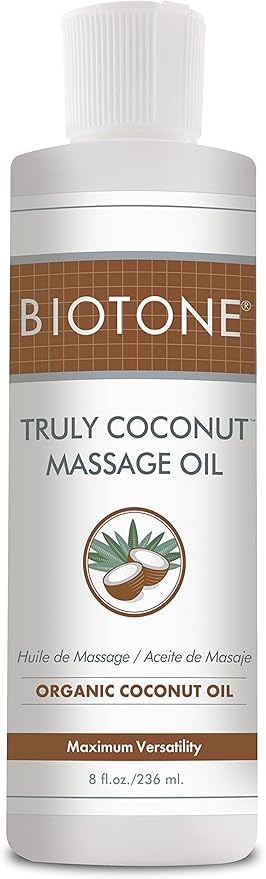 BIOTONE Truly Coconut Massage Oil with Organic Coconut Oil, Melts Away Tension and Promotes Deep Relaxation, Light, Versatile, Long-Lasting, Easy Wash-Out, Can Also Use as a Bodycare Oil