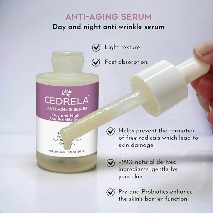 Cedrela Anti-aging Serum Day Night Anti-wrinkle prebiotics probiotics Naturak bakuchiol acai bio emulsion cacay oil plumps skin antioxidant vegan paraben-free 1 oz Suero antiedad probioticos