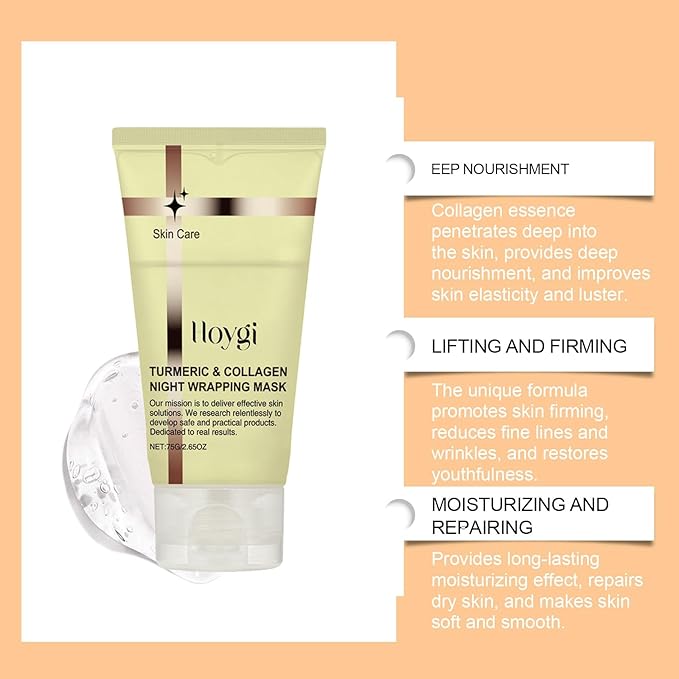 Turmeric Collagen Face Mask, Overnight Wrapping Face Mask Peel Off Facial Mask for Elasticity and Hydration, Reduce Sagging and Dullness for All Skin Type, 2.65 Fl Oz