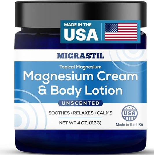 Topical Magnesium Cream & Body Lotion 4oz. - Promotes Sleep and Soothing Relief for Sore Muscles, Leg Cramps, Etc. Made in The USA.