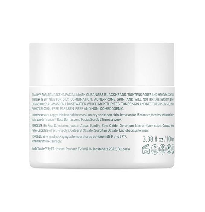 Thracian Bio Rosa Damascena Facial Mask, Natural Gentle Cleansing Clay Mask with Zinc and Bio Bulgarian Rose Water for Blackheads, Acne, Large Pores, Oily Skin, 100 ml, 3.4 Fl Oz