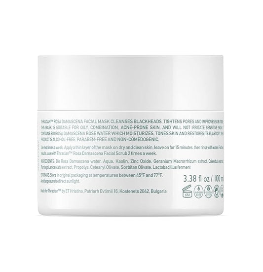 Thracian Bio Rosa Damascena Facial Mask, Natural Gentle Cleansing Clay Mask with Zinc and Bio Bulgarian Rose Water for Blackheads, Acne, Large Pores, Oily Skin, 100 ml, 3.4 Fl Oz