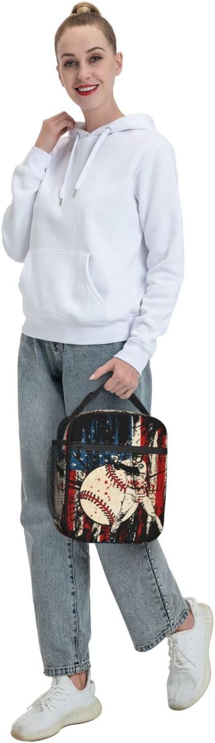 Baseball Stitches American Flag Insulated Lunch Bag, Baseball Sport Lunch Box Tote Cooler Reusable Lunch Pail Adjustable Shoulder Strap and Side Pocket Outdoors Meal Bag For Women