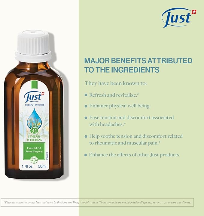 Essential Oil for The Whole Family. Swiss Just 31 Herbal Oil, Massage Oil for Muscle Soreness & Joint Pain. Contains Natural Eucalyptus Oil, 50ml.