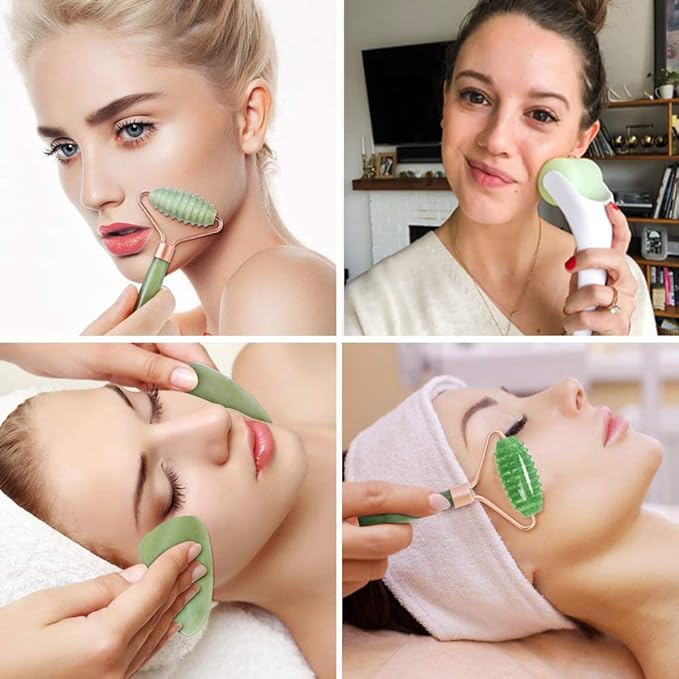 FA FIGHTART 4 in 1 Jade Gua Sha Set Ice Roller Face Rollers Freezer Frozen Cooling Face Massager Massage Tool