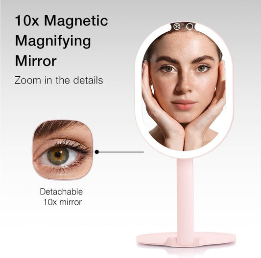 Fancii LED Rechargeable Portable Makeup Mirror with 3 Color Light Settings & 10x Magnetic Magnifying Mirror – Ultra Slim, Foldable Travel Vanity Mirror, 1500 mAh Battery, Height (Pink)