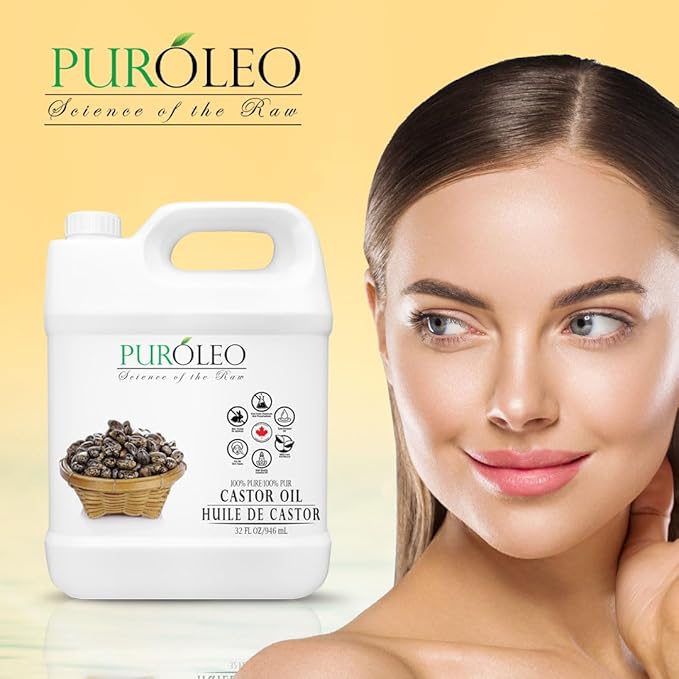 PUROLEO Castor Oil 32 Fl Oz/946 ML (Packed In Canada) 100% Pure and Natural Hair, Lash, Beard, Eyelashes & Eyebrow Oil Black castor oil for brow lashes, Make eyelash serum, hair serum for dry hair