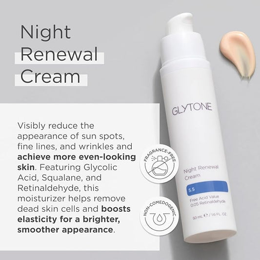 Glytone Night Renewal Cream with 5.5 Free Acid Value Glycolic Acid & Retinaldehyde, Improves Skin Elasticity, Reduce Appearance of Fine Lines & Wrinkles, 1.7 oz.