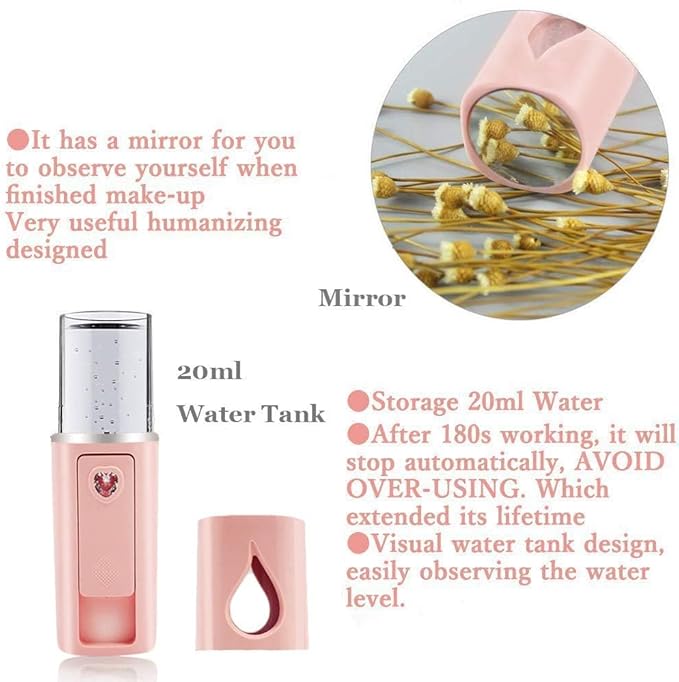 2 Pieces Handy Nano Mist Sprayer Portable Nano Facial Mister Face Steamer Atomization Mini Eyelash Extensions USB Rechargeable Moisturizing & Hydration for Skin Care (2 Pink)